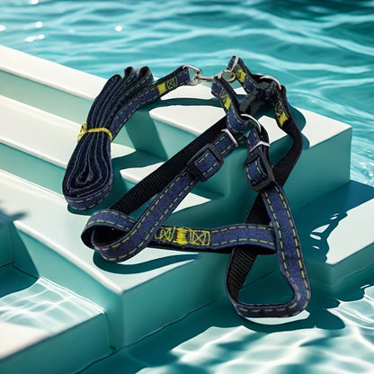 [Small to Large Adjustable Harness] Denim Dog Harness and Leash Set - Adjustable, Comfort Fit for Small to Large Breeds - Durable Polyester Material, Pulling Rope, Teddy