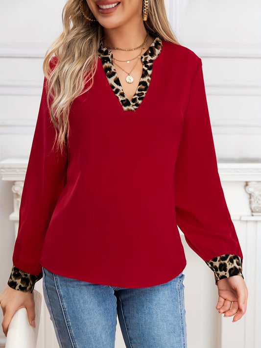 Elegant Non-Sheer V-Neck Blouse with Contrast Trim – Chic Long Sleeve Polyester Top, All-Season Style, Machine Washable