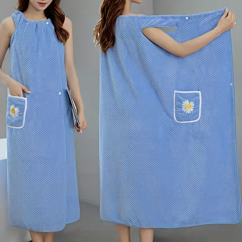 1pc Absorbent Flower Pattern Bath Towel with Pockets for Women - Quick Drying Spa Wrap and Sauna Kilt - Long Bathrobe Skirt for Adults - Bathroom Supplies and Accessories