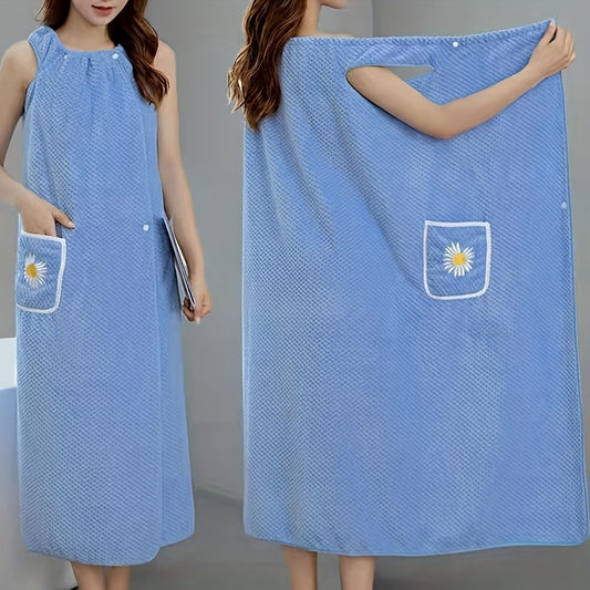 1pc Absorbent Flower Pattern Bath Towel with Pockets for Women - Quick Drying Spa Wrap and Sauna Kilt - Long Bathrobe Skirt for Adults - Bathroom Supplies and Accessories