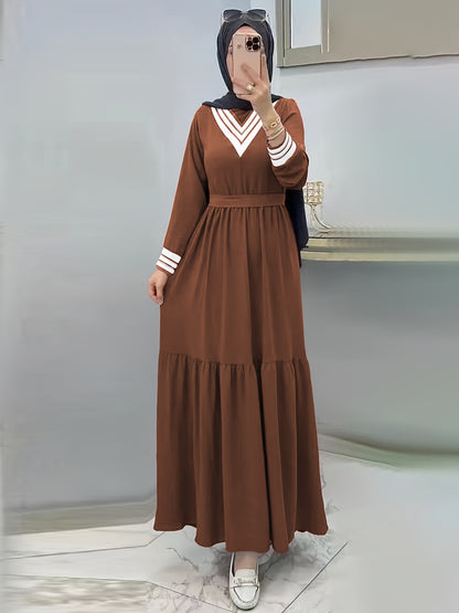 Ramadan Elegant Long Sleeve Tie Waist Maxi Modest Dress - Abayas for Women with Solid Color, Comfortable Wear, and Modest Fashion - Perfect for Islamic Occasions and Everyday Wear