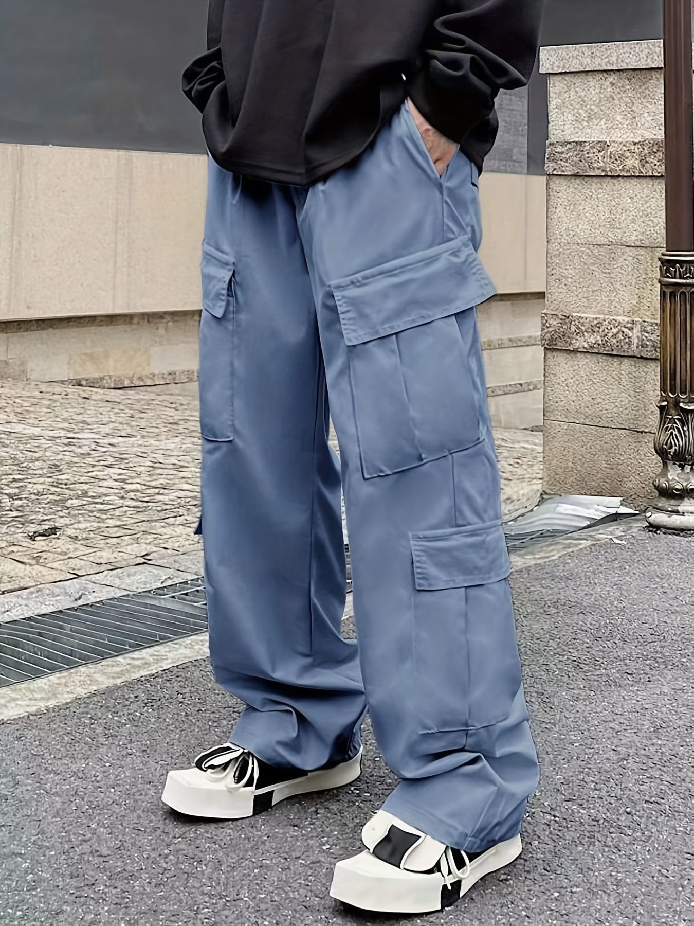 Men's Loose Casual Outdoor Cargo Pants - Multi Flap Pocket Trousers - Trendy Solid Work Pants for Streetwear Hip Hop Style
