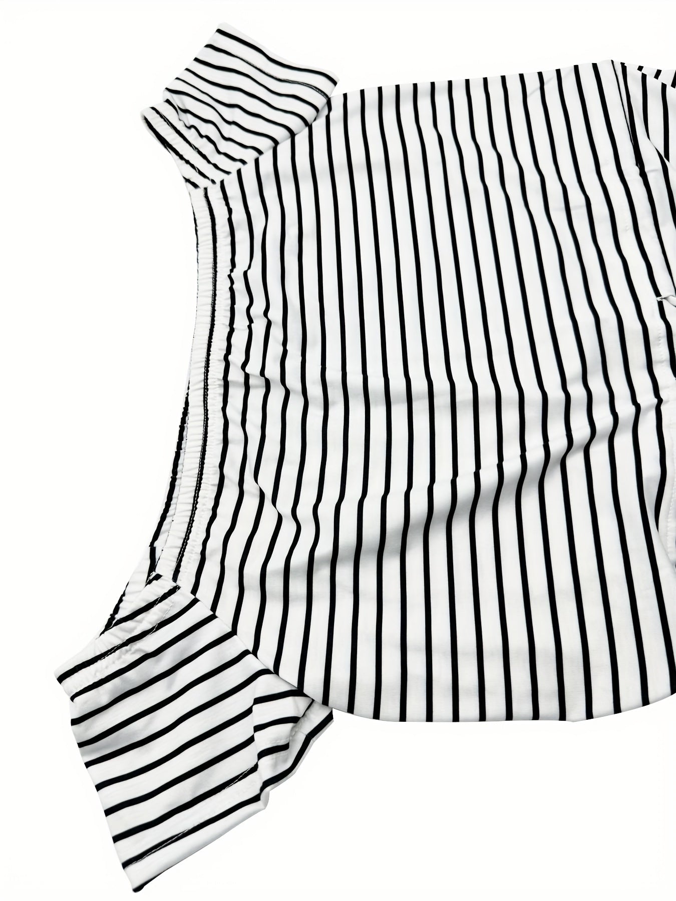 Striped Off Shoulder Drawstring Jumpsuit, Casual Short Sleeve Slim Jumpsuit For Spring & Summer, Women's Clothing