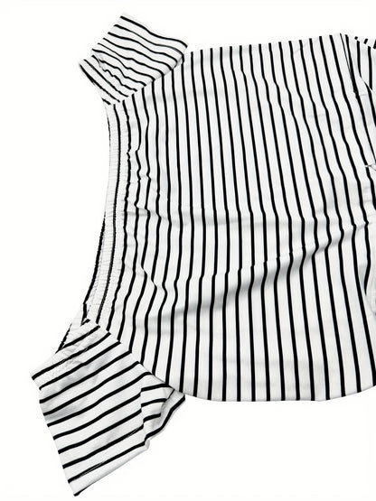 Striped Off Shoulder Drawstring Jumpsuit, Casual Short Sleeve Slim Jumpsuit For Spring & Summer, Women's Clothing