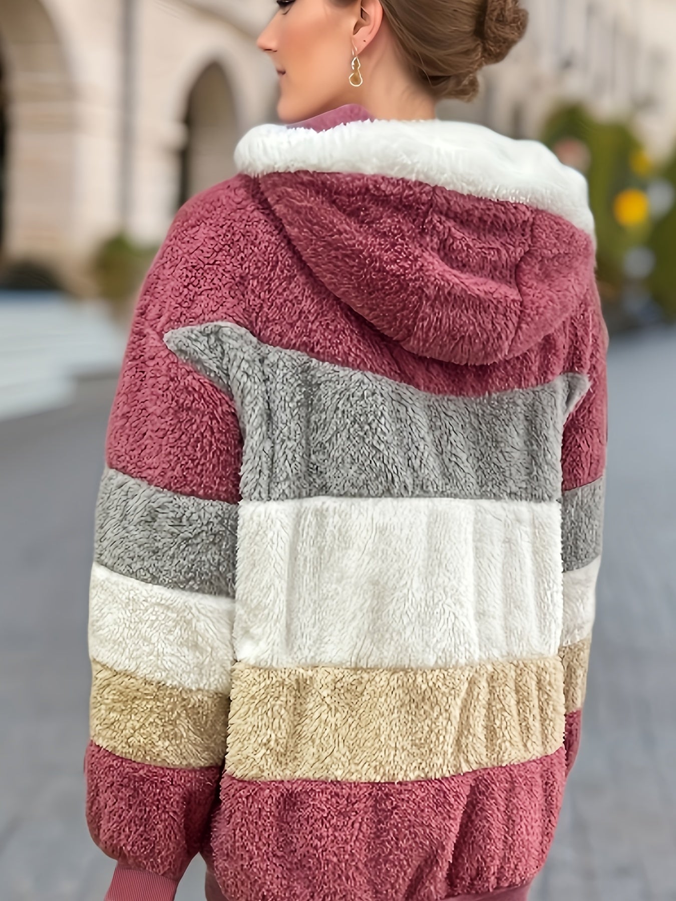 Ultra-Soft Color Block Fuzzy Hooded Coat - Stylish Winter Warm Outerwear with Full-Length Sleeves - Perfect for Casual Wear - Womens Clothing