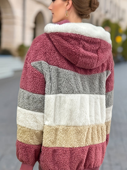 Ultra-Soft Color Block Fuzzy Hooded Coat - Stylish Winter Warm Outerwear with Full-Length Sleeves - Perfect for Casual Wear - Womens Clothing