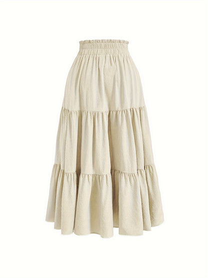 Solid Tie Waist Tiered Skirt, Casual Elastic Waist Skirt For Spring & Fall, Women's Clothing