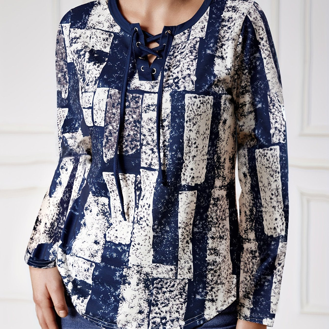 All Over Print Tie Front T-Shirt, Casual Long Sleeve Top For Spring & Fall, Women's Clothing