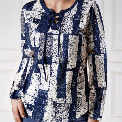 All Over Print Tie Front T-Shirt, Casual Long Sleeve Top For Spring & Fall, Women's Clothing