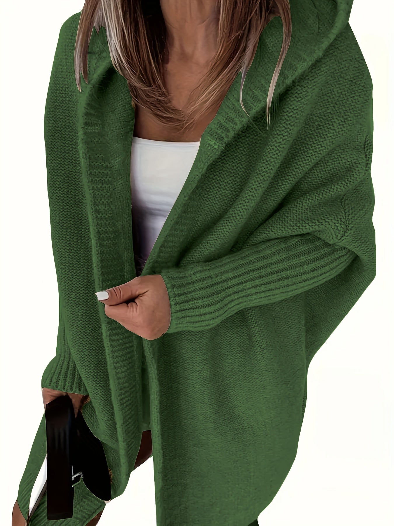 Plus Size Casual Cardigan, Women's Plus Solid Stitching Long Sleeve Hooded Open Front Slight Stretch Sweater Cardigan