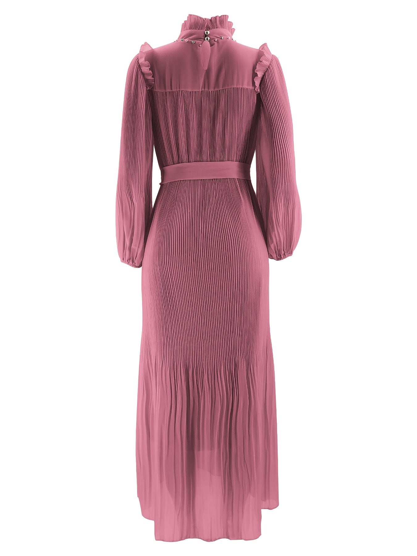 Elegant Pleated Maxi Dress for Women - Solid Color, Belted Waist, Long Sleeve, Machine Washable - Perfect for Ramadan & Casual Attire