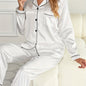 Solid Pajama Set, Long Sleeve Button Up Lapel Top & Pants Pj Set, Women's Sleepwear & Loungewear