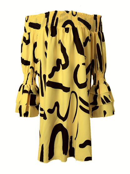 Letter Print Off Shoulder Dress, Loose Long Sleeve Dress, Casual Every Day Dress, Women's Clothing