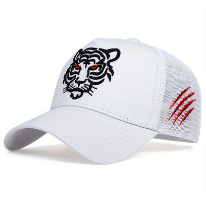 Tiger Embroidery Unisex Baseball Cap Solid Color Mesh Breathable Trucker Hat Adjustable Sports Sun Hats For Women & Men