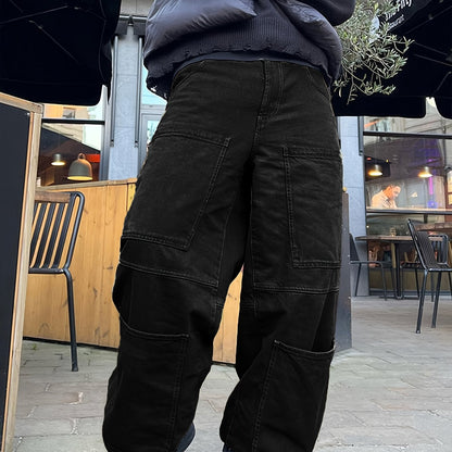 Retro Denim Men's Straight Leg Cargo Pants, Loose Baggy Pants Casual Outdoor Jeans Pants, Work Pants Hipster Streetwear Hiphop Rapper Style For Men