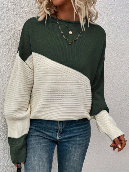 Color Block Loose Pullover Sweater, Elegant Long Sleeve Drop Shoulder Sweater, Women's Clothing