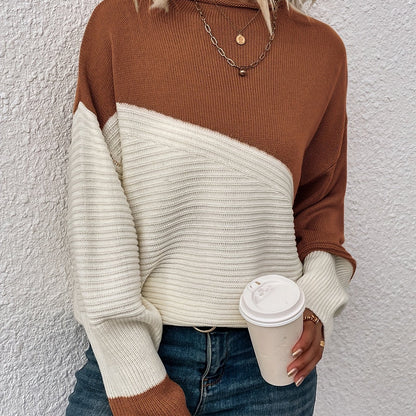 Color Block Loose Pullover Sweater, Elegant Long Sleeve Drop Shoulder Sweater, Women's Clothing