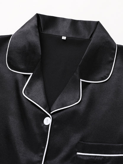 Solid Pajama Set, Long Sleeve Button Up Lapel Top & Pants Pj Set, Women's Sleepwear & Loungewear