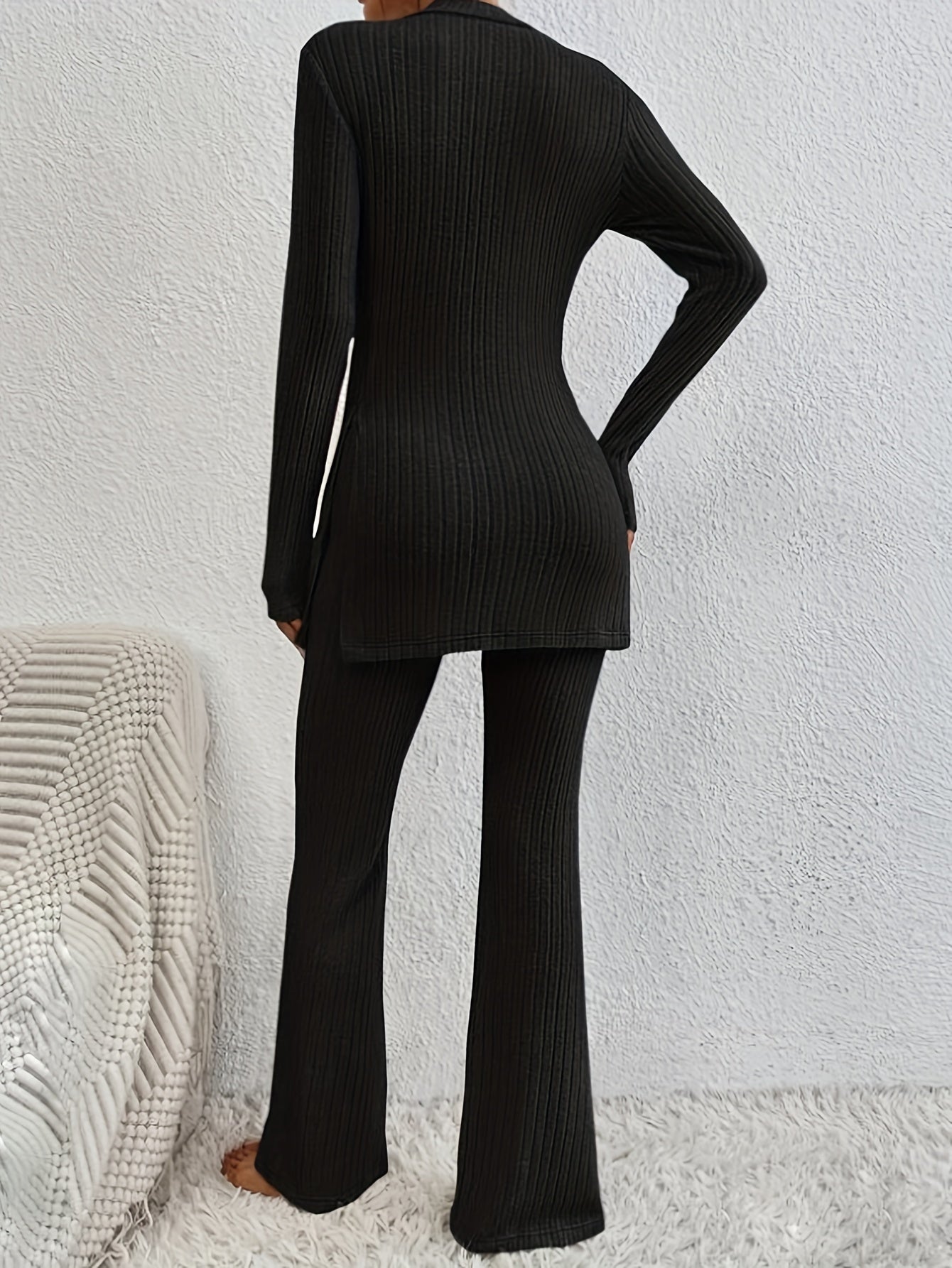 Solid Ribbed Lounge Set, Long Sleeve Side Split Top & Elastic Waistband Pants, Women's Loungewear & Sleepwear