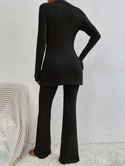 Solid Ribbed Lounge Set, Long Sleeve Side Split Top & Elastic Waistband Pants, Women's Loungewear & Sleepwear