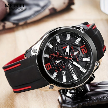 Megir Men's Chronograph Analog Quartz Watch - Date Function, Luminous Display, Soft Silicone Rubber Strap, Stylish Wristwatch Ideal for Gifts, Everyday Wear
