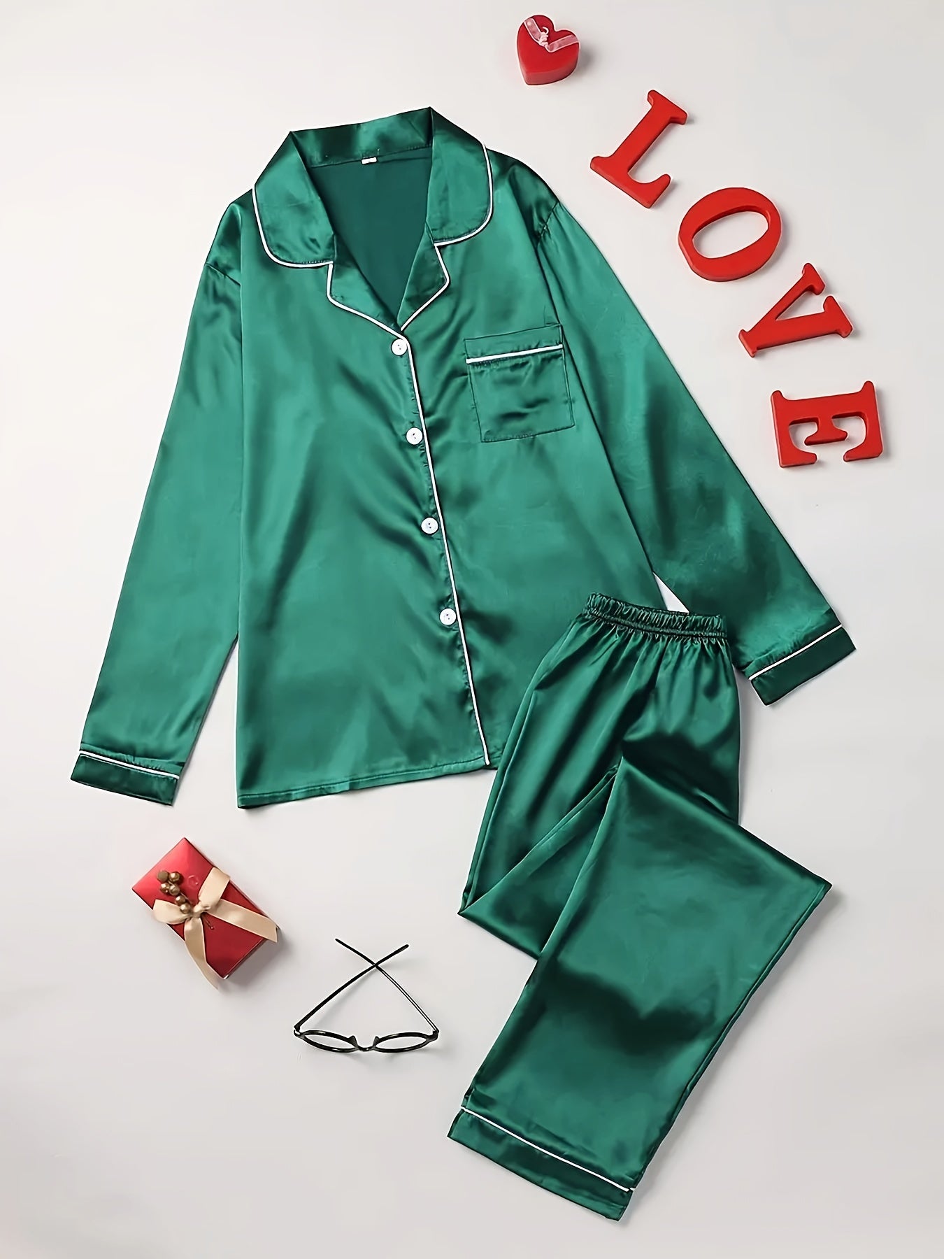 Solid Pajama Set, Long Sleeve Button Up Lapel Top & Pants Pj Set, Women's Sleepwear & Loungewear