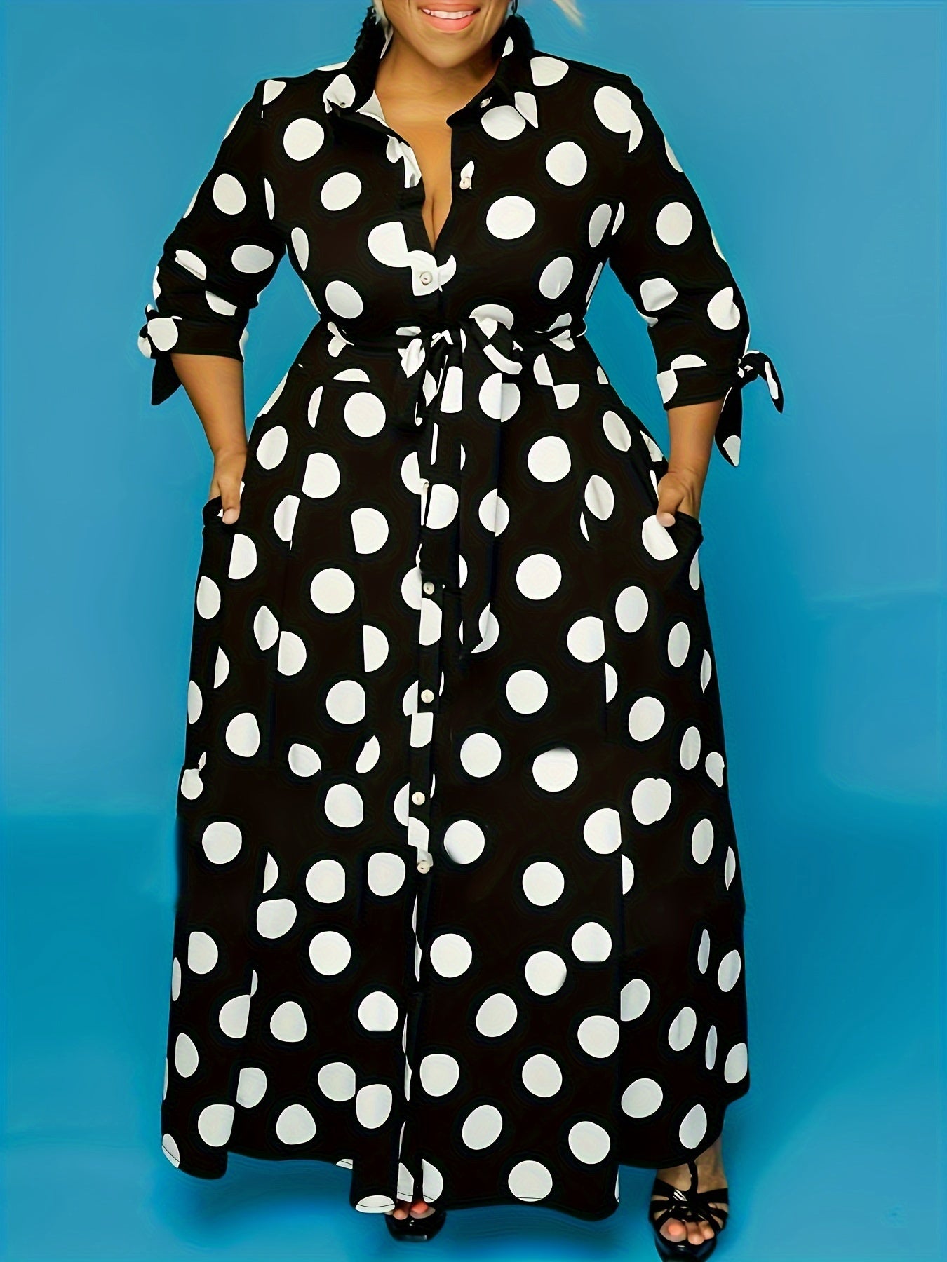 Elegant Plus Size Polka Dots Print Maxi Dress - Women's Button Up Collared Belted