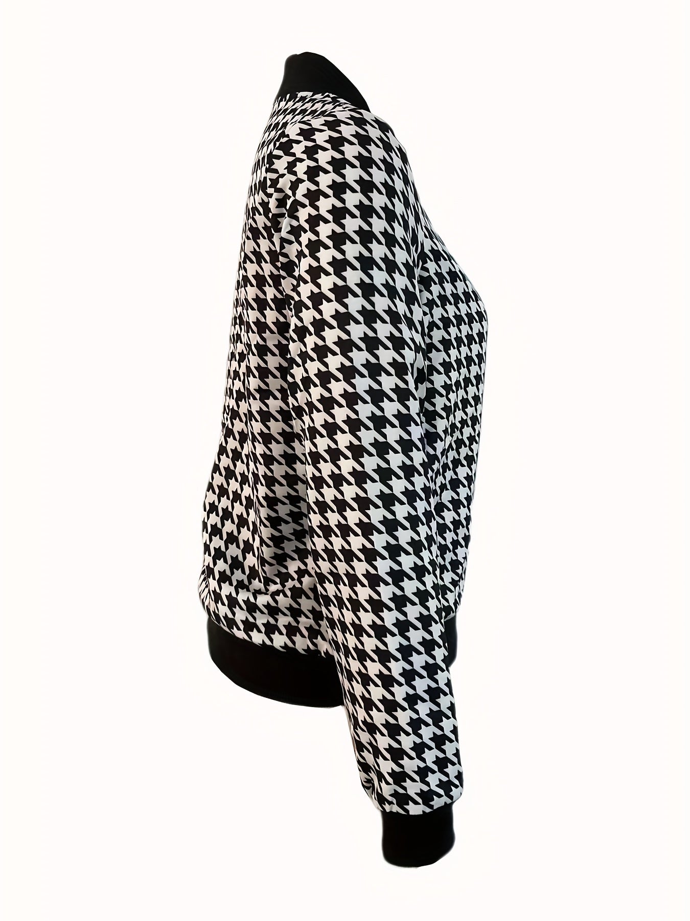 Houndstooth Print Bomber Jacket, Casual Zip Up Long Sleeve Outerwear, Women's Clothing