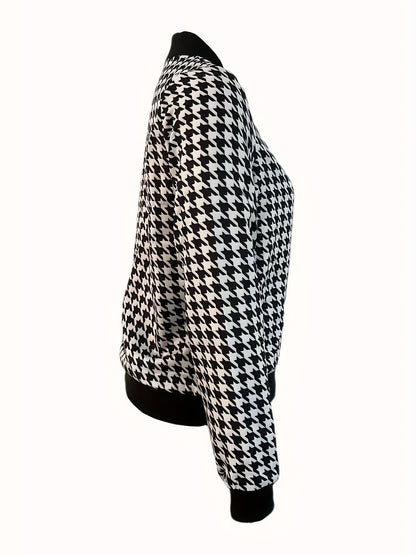 Houndstooth Print Bomber Jacket, Casual Zip Up Long Sleeve Outerwear, Women's Clothing