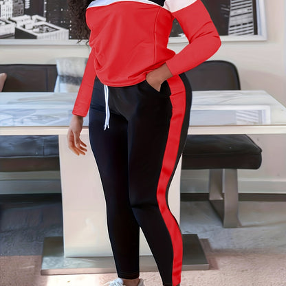 Plus Size Casual Outfits Two Piece Set, Women's Plus Colorblock Long Sleeve Round Neck Top & Pants Outfits 2 Piece Set