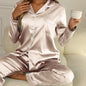 Solid Pajama Set, Long Sleeve Button Up Lapel Top & Pants Pj Set, Women's Sleepwear & Loungewear