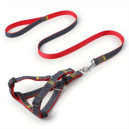 [Small to Large Adjustable Harness] Denim Dog Harness and Leash Set - Adjustable, Comfort Fit for Small to Large Breeds - Durable Polyester Material, Pulling Rope, Teddy