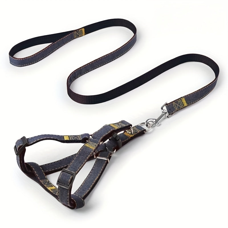[Small to Large Adjustable Harness] Denim Dog Harness and Leash Set - Adjustable, Comfort Fit for Small to Large Breeds - Durable Polyester Material, Pulling Rope, Teddy