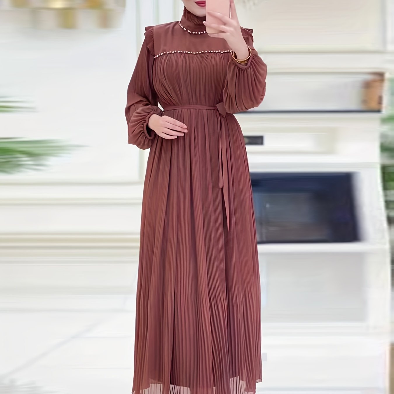 Elegant Pleated Maxi Dress for Women - Solid Color, Belted Waist, Long Sleeve, Machine Washable - Perfect for Ramadan & Casual Attire