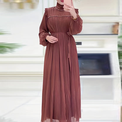 Elegant Pleated Maxi Dress for Women - Solid Color, Belted Waist, Long Sleeve, Machine Washable - Perfect for Ramadan & Casual Attire