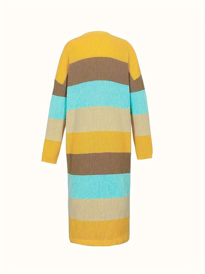 Long Sleeve Color Block Knit Cardigan - Stylish Open Front, Cozy Casual Sweater with Convenient Pockets, Perfect for Womens Everyday Wear