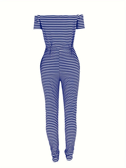 Striped Off Shoulder Drawstring Jumpsuit, Casual Short Sleeve Slim Jumpsuit For Spring & Summer, Women's Clothing