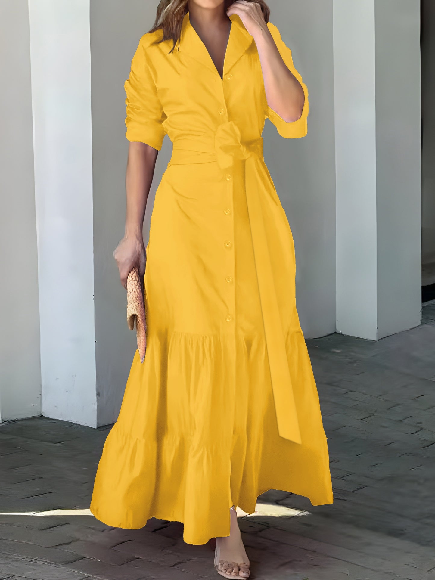 Stunning Ruffled Maxi Dress - Solid Button Front, Belted Waist, Elegant Ruched Sleeve, Flowy Design, Women's Clothing for Special Occasions