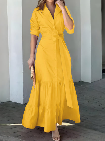 Stunning Ruffled Maxi Dress - Solid Button Front, Belted Waist, Elegant Ruched Sleeve, Flowy Design, Women's Clothing for Special Occasions