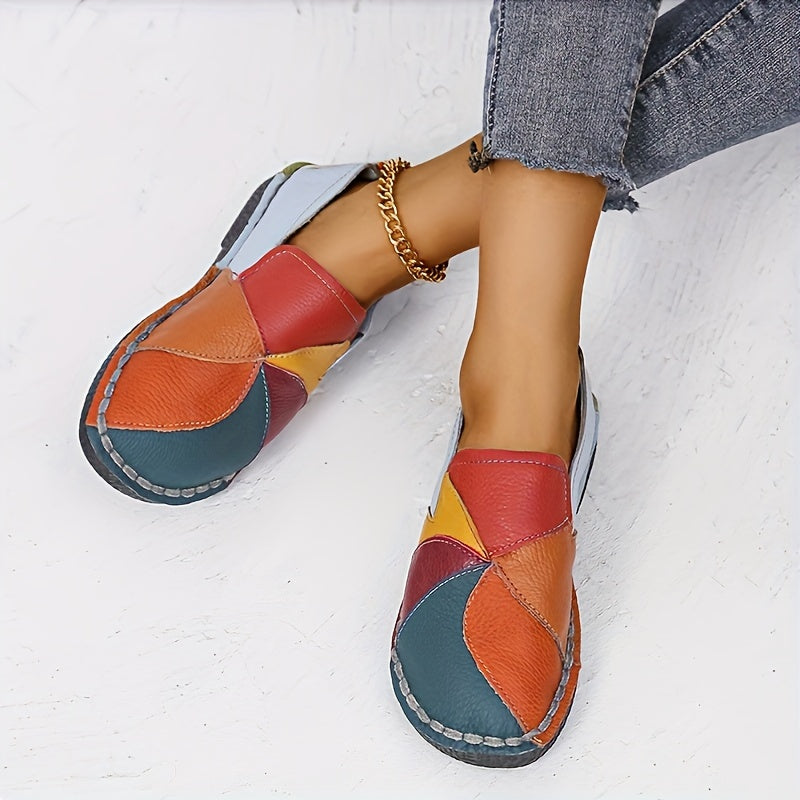 [Fashion Loafers] Soft Colorblock Women's Flat Loafers | Fashion Round Toe Slip On Faux Leather Shoes, Casual Walking Anti-skid Shoes