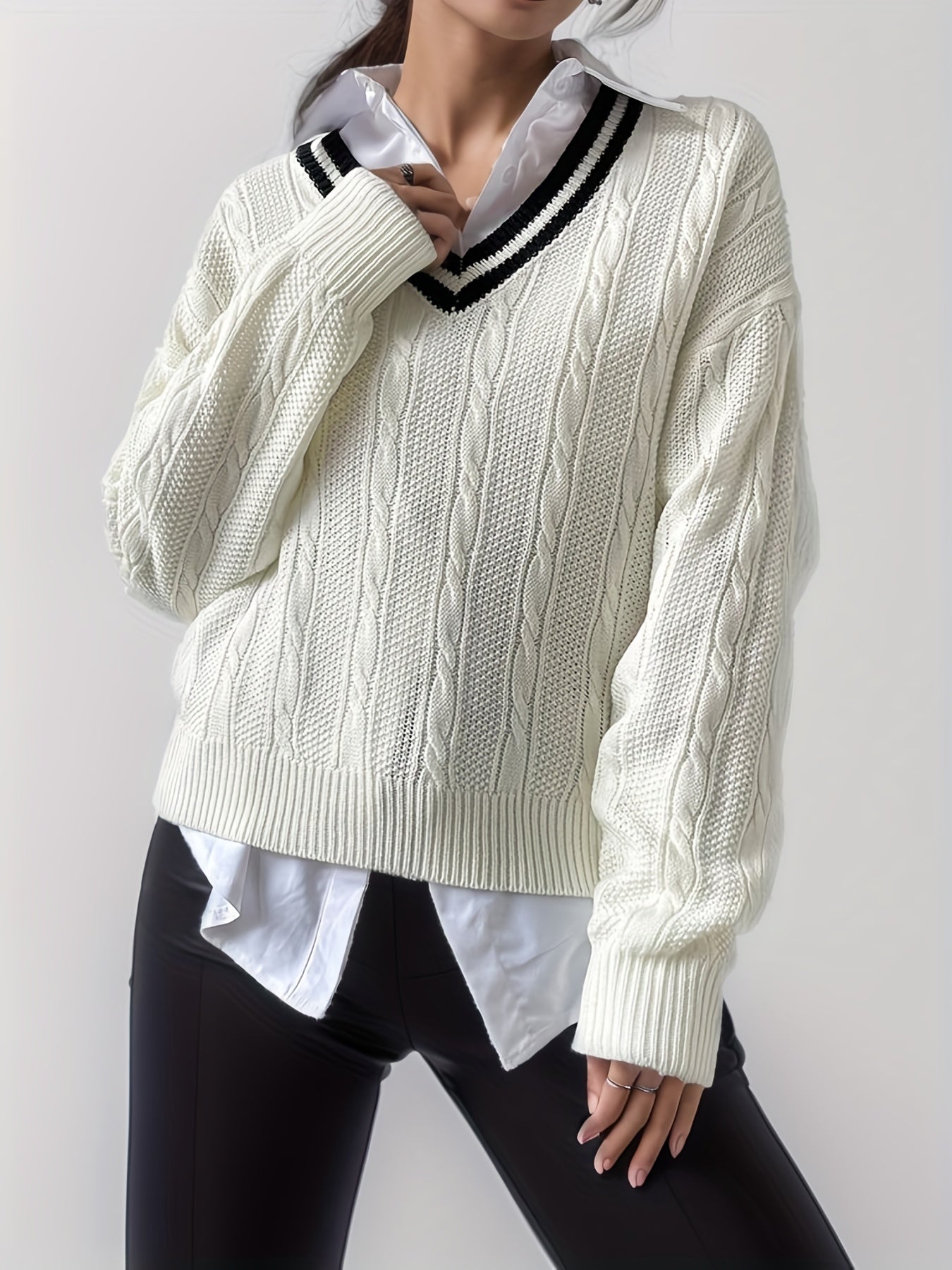 V Neck Cable Knit Pullover Sweater, Casual Long Sleeve Drop Shoulder Sweater, Women's Clothing