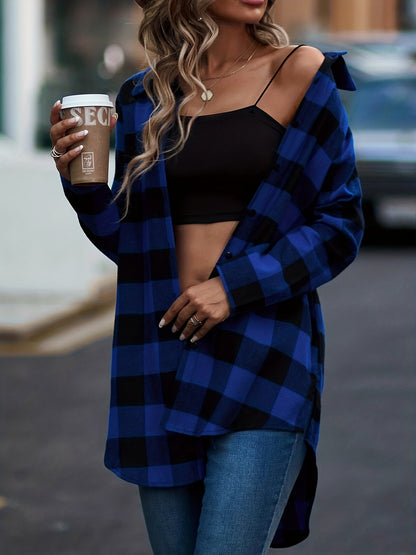 Plaid Print Classic Shirt, Casual Button-Front, Long Sleeve, Women's