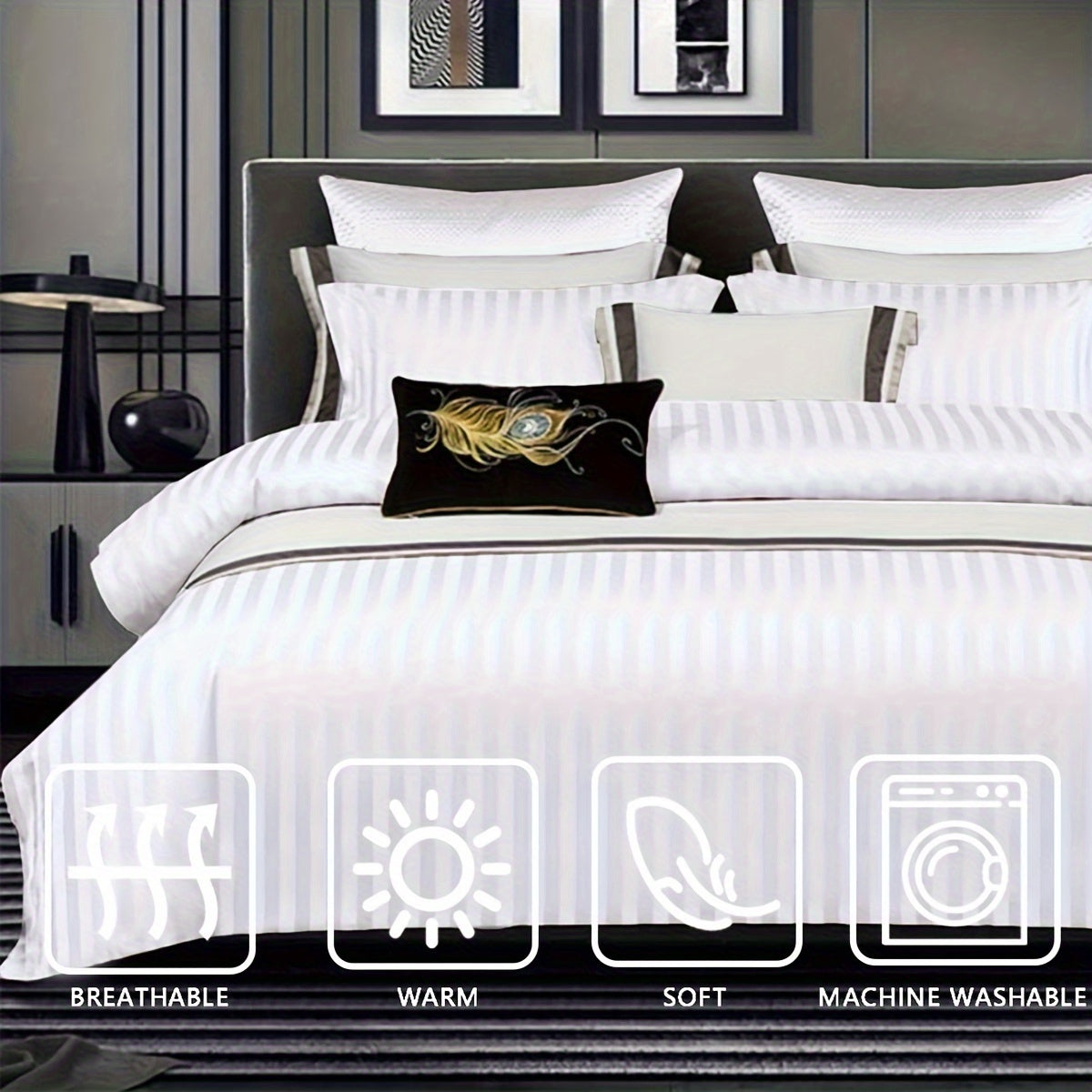 3pcs Luxury Duvet Cover Set (1*Duvet Cover + 2*Pillowcase, Without Core), White Satin Print Bedding Set, Soft Comfortable Duvet Cover, For Bedroom, Guest Room