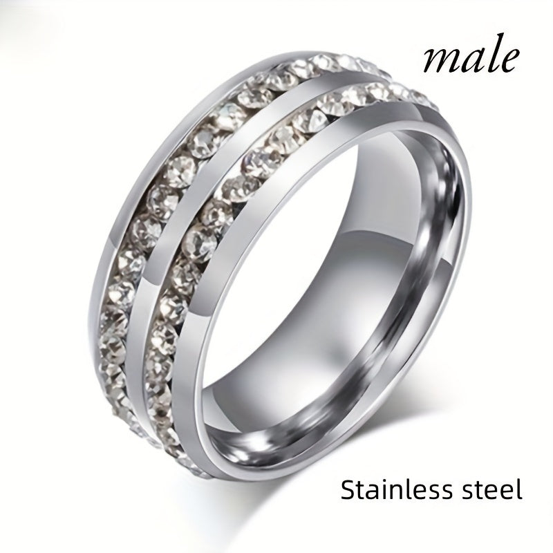 Fashionable Casual Romantic Stainless Steel Double-row Imitation Zirconia Ring