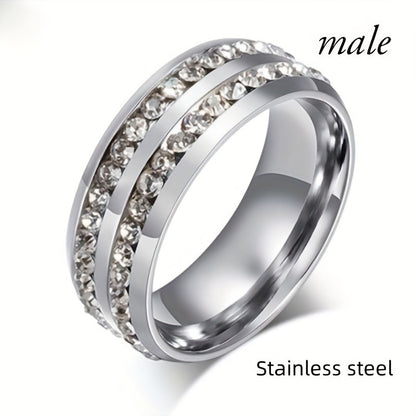 Fashionable Casual Romantic Stainless Steel Double-row Imitation Zirconia Ring