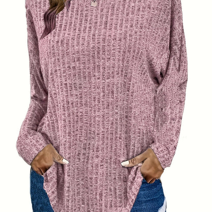 Plus Size Casual Sweater, Women's Plus Solid Ribbed Long Sleeve Round Neck Knit Top