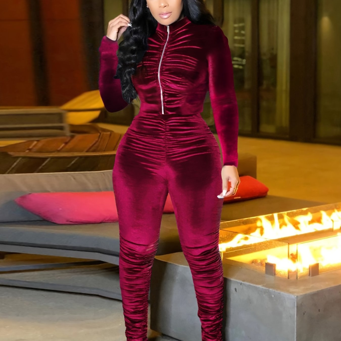 Two-Piece Long Sleeve Crop Top & High Waist Ruched Ruffle Pants Set - Soft Polyester Knit Fabric, Mid Elasticity, Placket Closure, Solid Color - Casual Wear for Women