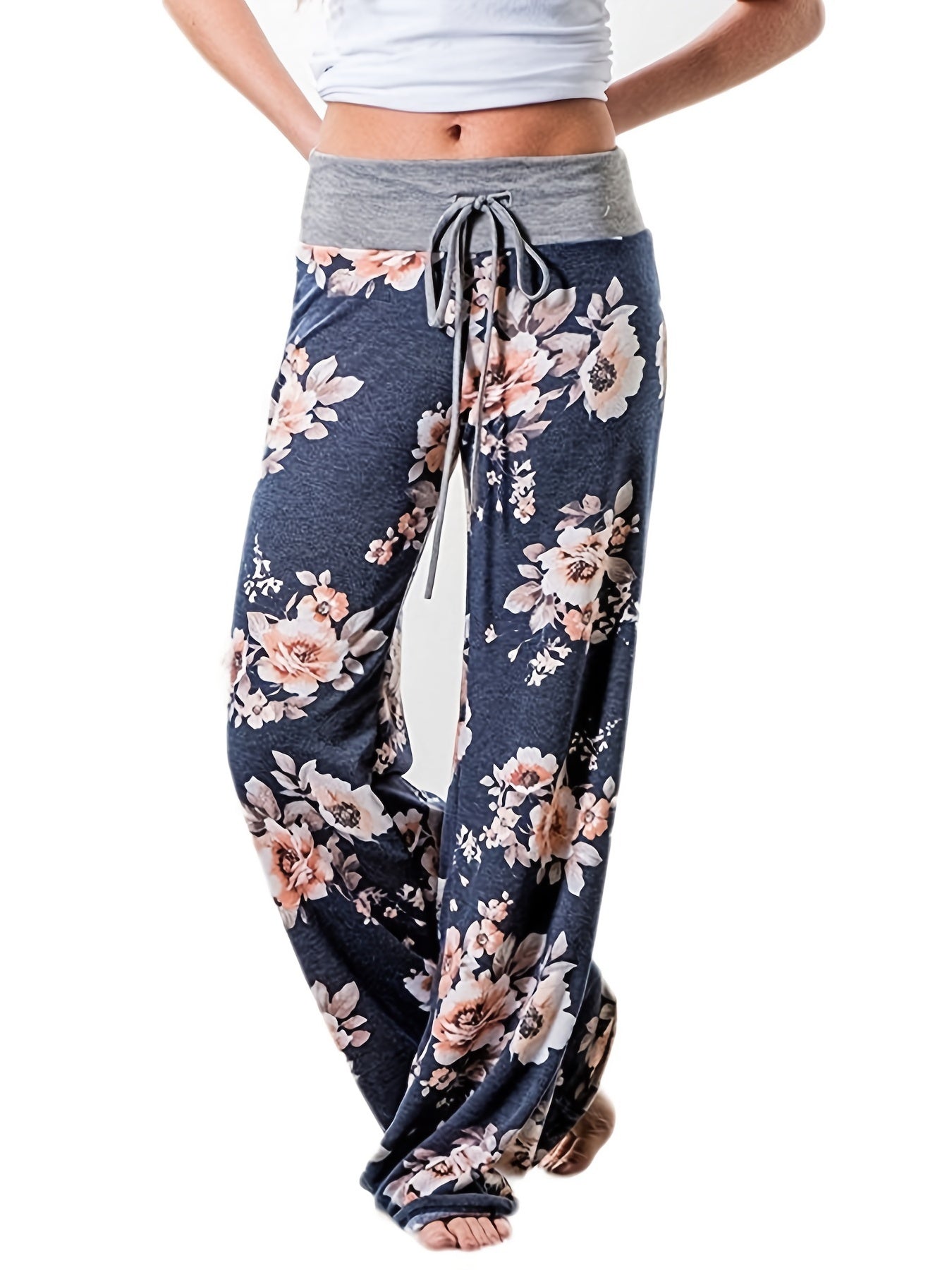 Plus Size Floral Print High Rise Drawstring Long Pants, Women's Plus Slight Stretch Loose Casual Pants