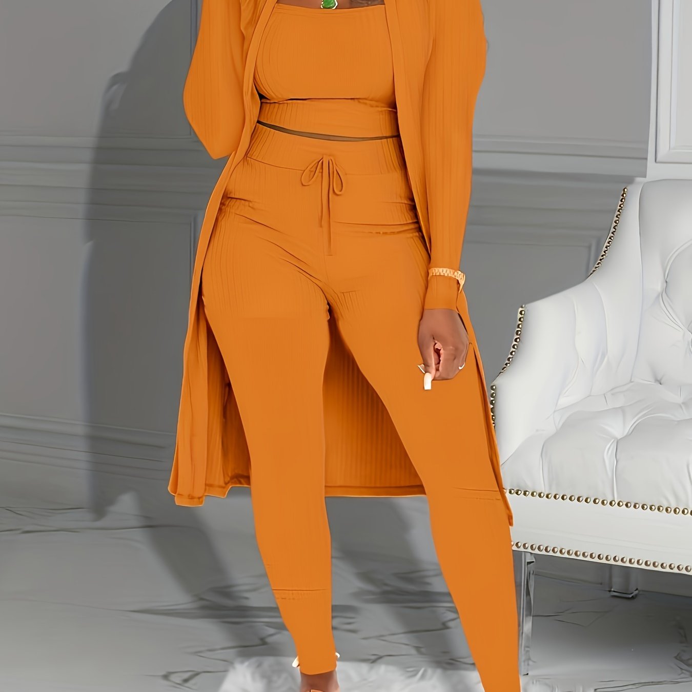 Casual Ribbed 3pcs Set, Crop Tank Top + High Waist Drawstring Pants + Longline Cardigan Outfits, Women's Clothing