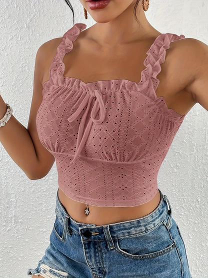 Eyelet Lettuce Trim Crop Cami Top, Casual Tie Front Summer Sleeveless Top, Women's Clothing For Coquette/Cute/Y2K Style